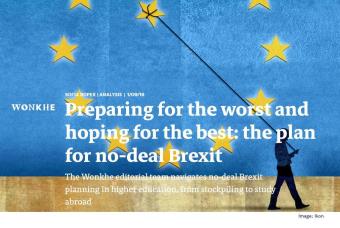 Screenshot of a webpage from the WonkHE site showing a man pulling a star from a representation of the EU flag