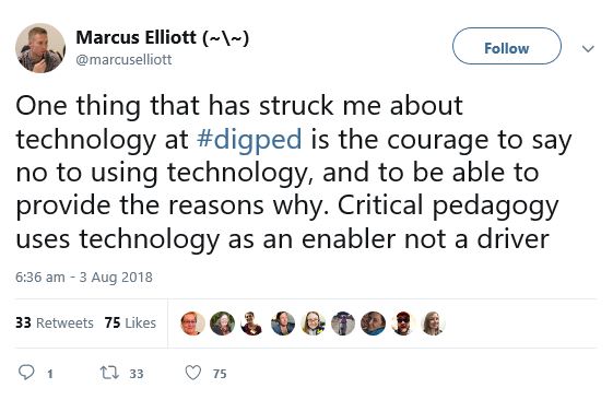 Colour image of Marcus Elliott tweet about critical pedagogy use of technology