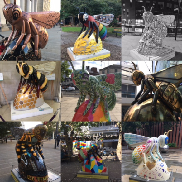 Colour photographs of bee statues in Manchester