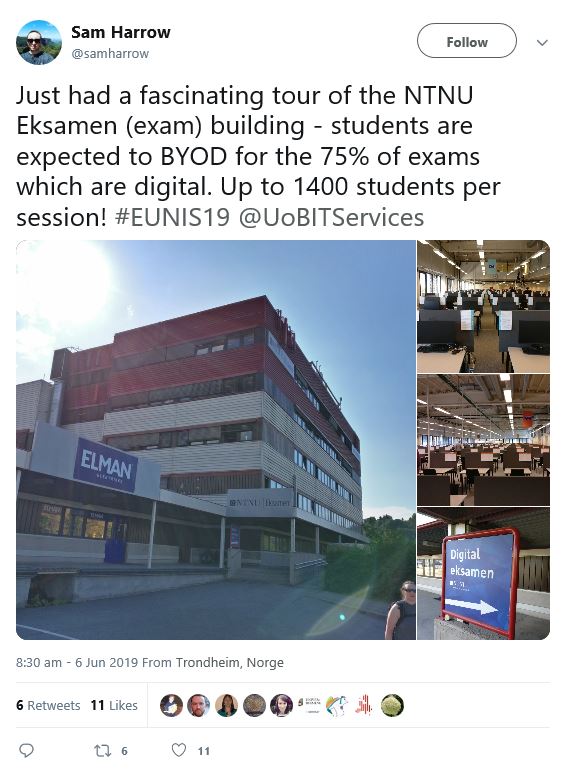 Image of Sam Harrow tweet of 6th June 2019 with photographs of the NTNU Eksamen (exam) building showing the exterior of the building and interior rooms with desks