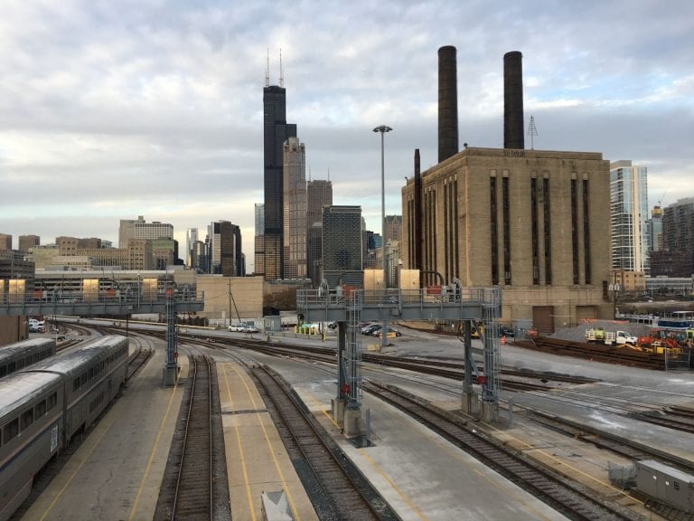 Photograp of Chicago skyline seen from the train tracks