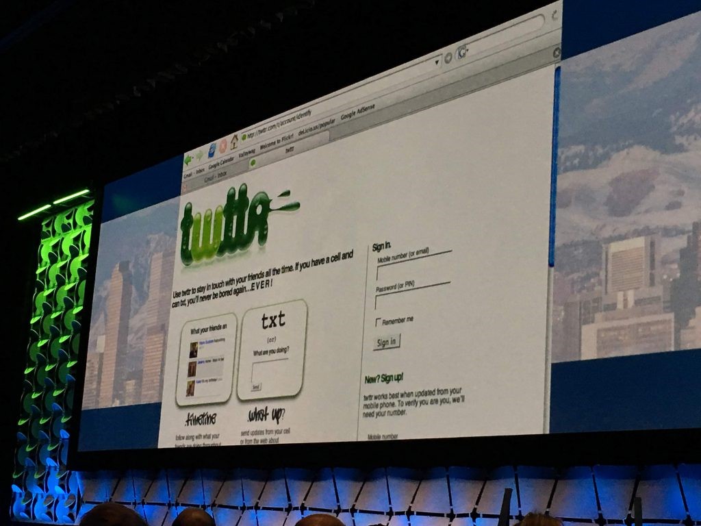 Photograph of Alexis Ohanian's slide on twtta from his presentation to Educause 2018