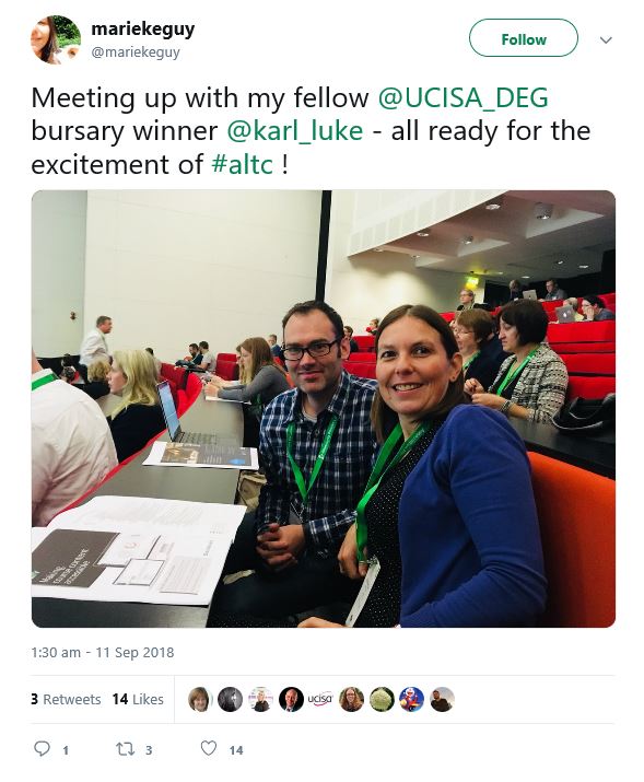 Image of twitter post of 11th September 2018 by Marieke Guy with photograph of 2018 bursary recipients Marieke Guy and Karl Luke in a lecture theatre at ALT-C 2018