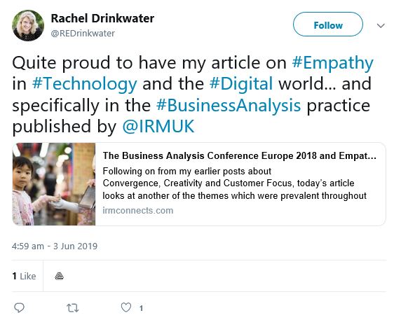 Image of Rachel Drinkwater tweet regarding her article on empathy 